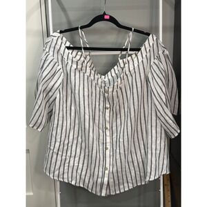 BP Nordstrom Striped Linen Blend Off Shoulder Top Blue White XL Milkmaid Coastal